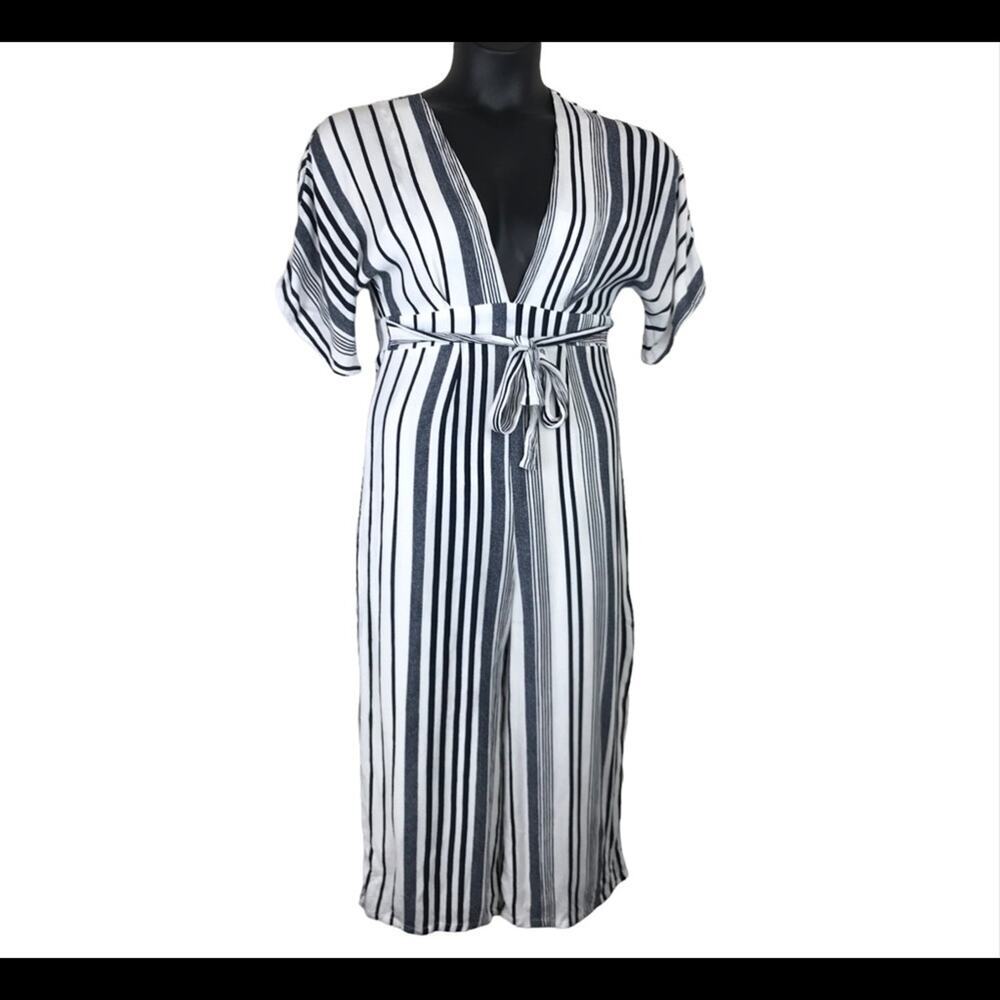 LULU’S White and Navy Blue Striped Jumpsuit